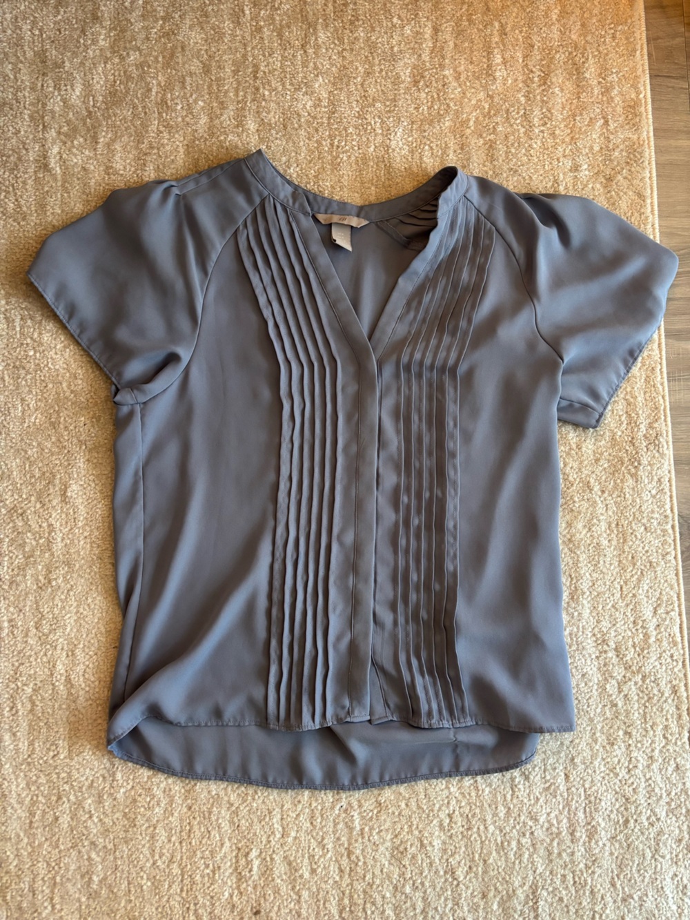 H&M Dusty Blue Pintuck V-Neck Blouse